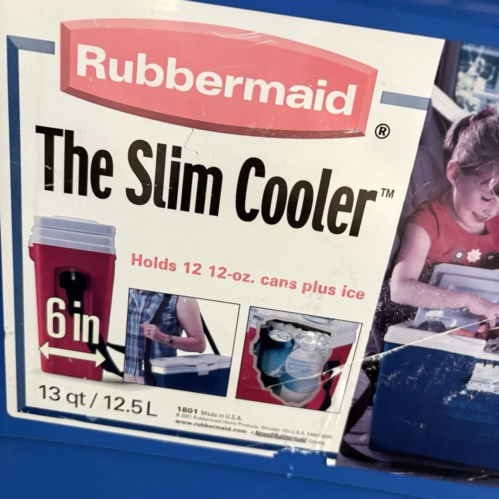 Vintage Rubbermaid Slim Cooler #1801 13 Qt Dual Open Lid Strap Blue